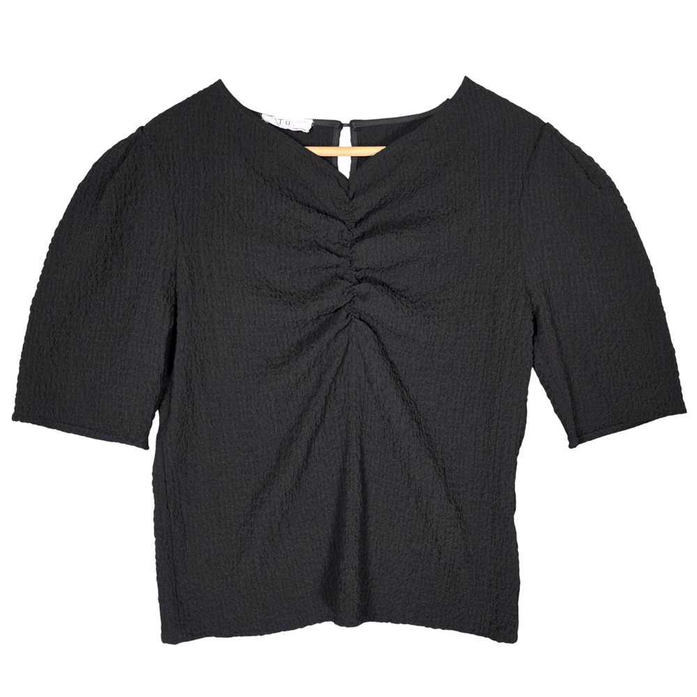 Tu. Ruched Textured Crinkle Top Womens Black GOOD Keyhole Back See Measurements